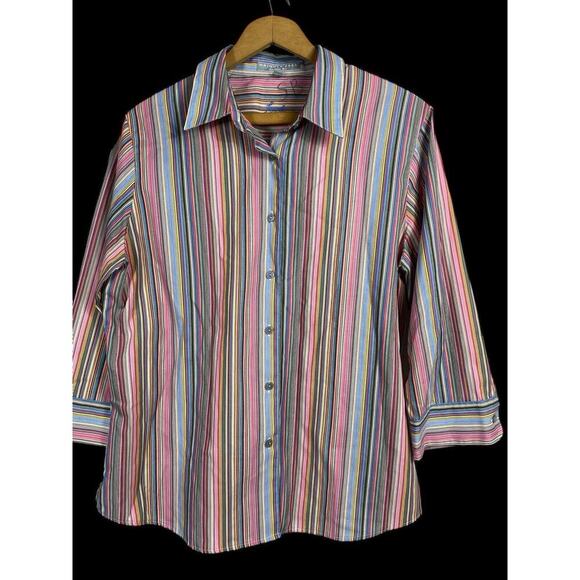 Foxcroft Shirt Top Size 12 Button Up Rainbow Stripe Blouse Wrinkle Free Shaped - Picture 2 of 9